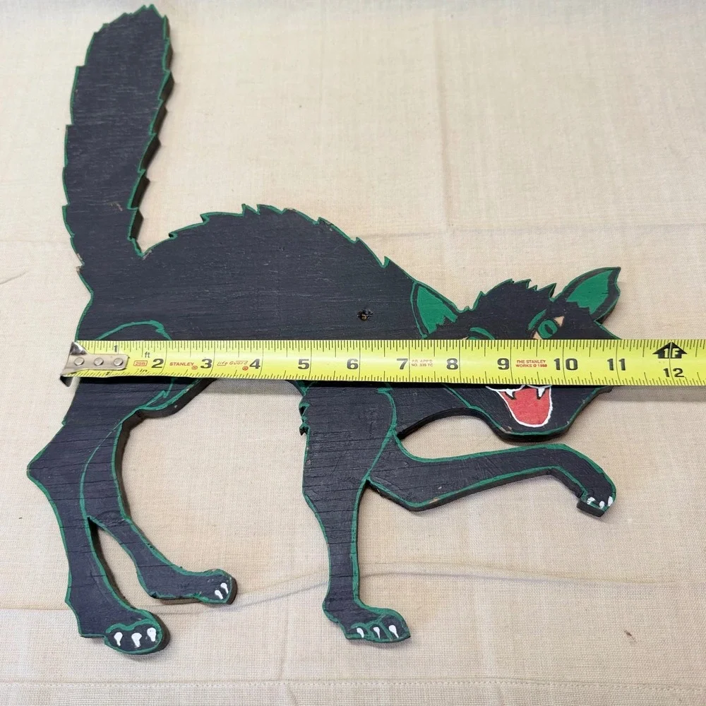 Vintage Black Halloween Cat Wall Hanging Folk Art Wood Decor 13